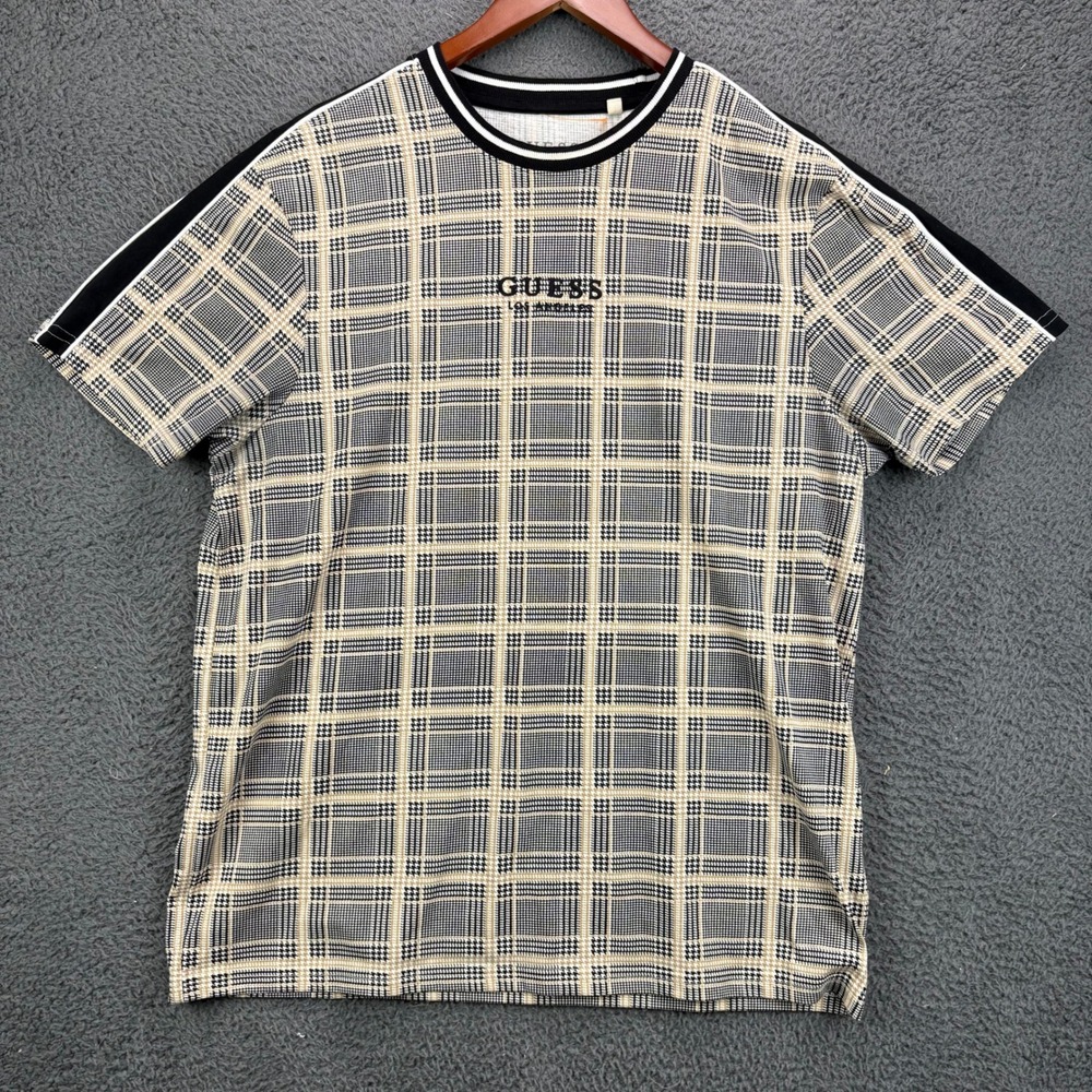 Guess Los Angeles Mens‎ Large Plaid Graphic T-Shirt Tan Black Side Stripe Tee